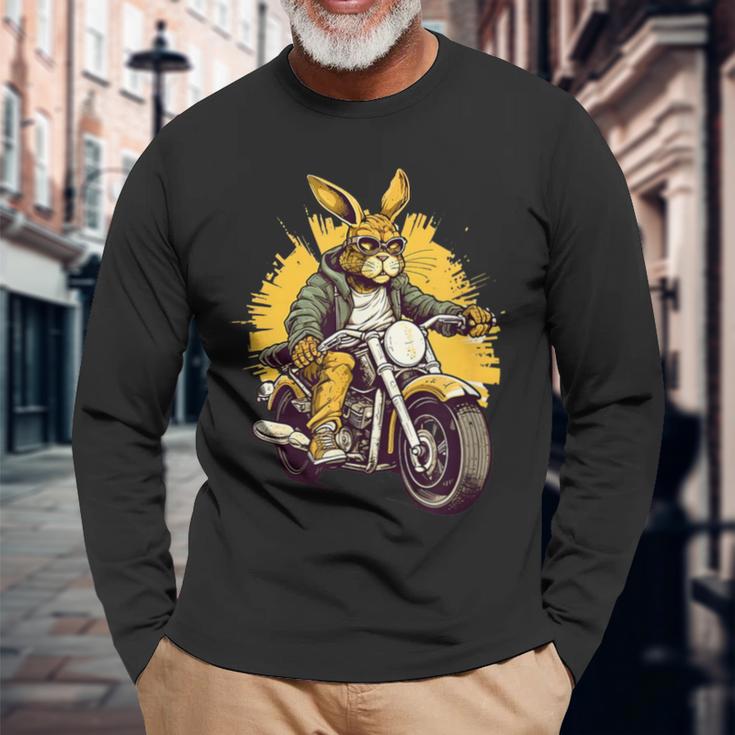 クールなウサギ オートバイライダー 野生の野ウサギバイカー 長袖Tシャツ 高齢者への贈り物