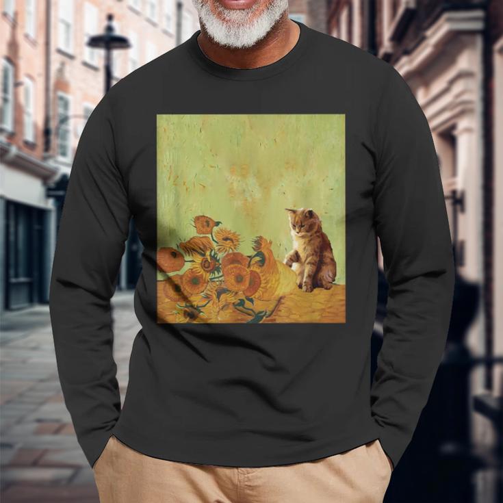 ゴッホ ひまわり おもしろい 猫 アート 絵画 長袖Tシャツ 高齢者への贈り物