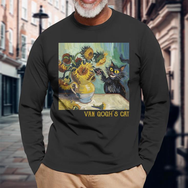 ゴッホ ひまわりの黒猫 絵画アート 長袖Tシャツ 高齢者への贈り物