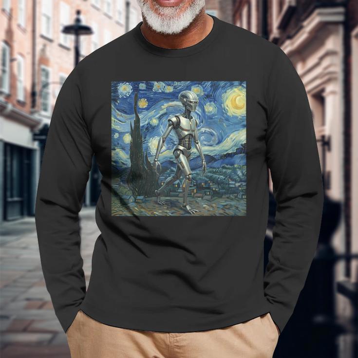 ゴッホ 星月夜 未来アート 面白い ロボット ウォーキング 長袖Tシャツ 高齢者への贈り物