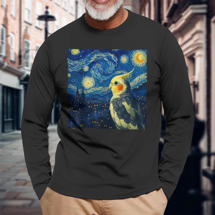 ゴッホの星空を見つめるかわいいオカメインコ 星月夜 長袖Tシャツ 高齢者への贈り物