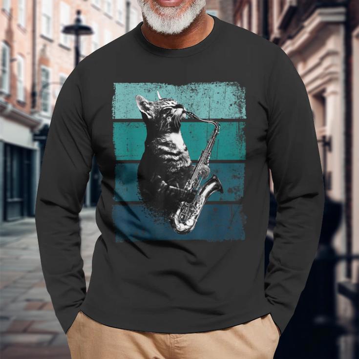 サックスを奏でる猫 ヴィンテージ 猫 ジャズ サックス 音楽 サックス 長袖Tシャツ 高齢者への贈り物