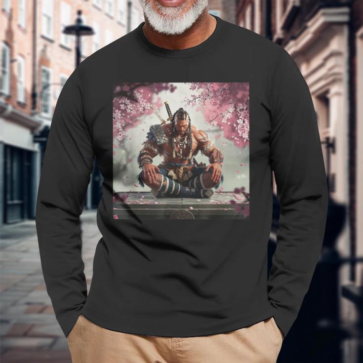サムライ アフロ アフリカ 瞑想 桜の下 長袖Tシャツ 高齢者への贈り物