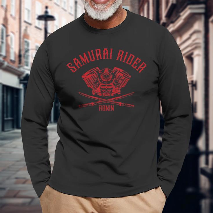 サムライ ライダー Ronin 侍 戦国武将 日本 武士道 戦士 ダメージ バイク エンジン カタナ 長袖Tシャツ 高齢者への贈り物