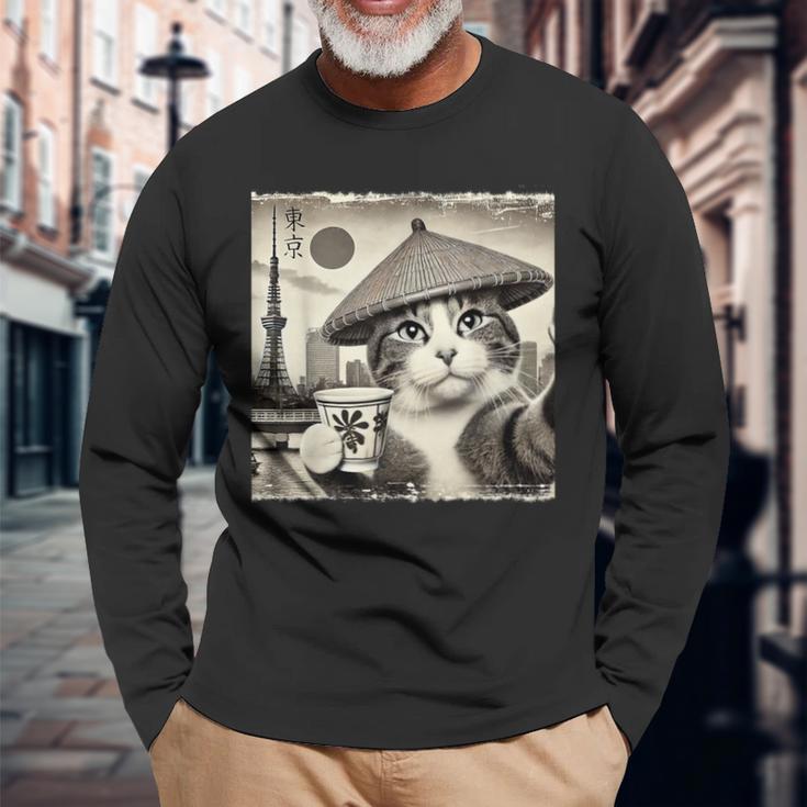 サムライ 猫 すすり茶 東京タワー 和 長袖Tシャツ 高齢者への贈り物