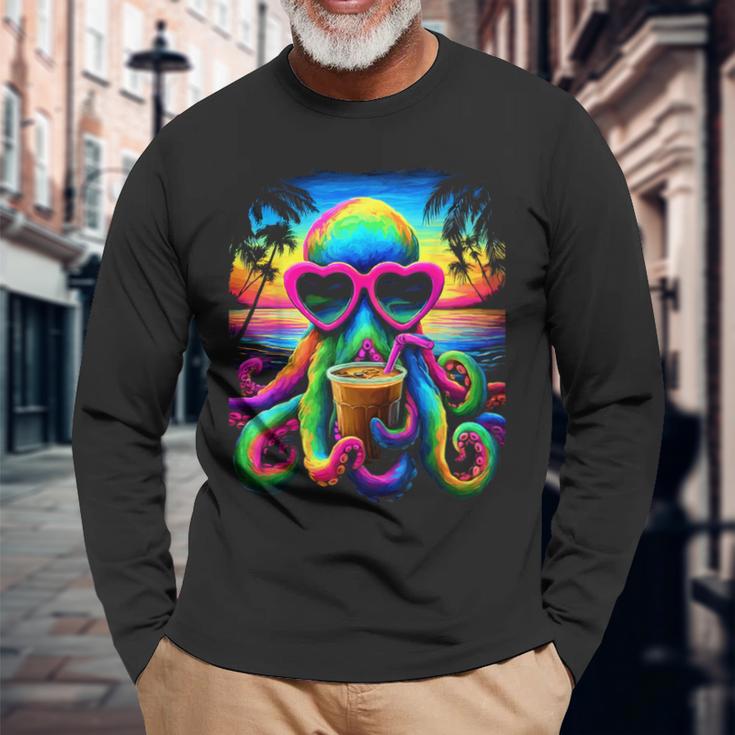 サングラス アイスコーヒー ビーチ 夏 トロピカル タコ 長袖Tシャツ 高齢者への贈り物