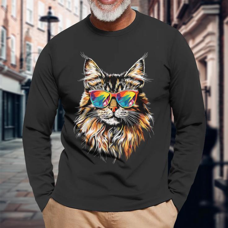 サングラスをかけたメインクーン猫 かわいいメインクーン猫 長袖Tシャツ 高齢者への贈り物