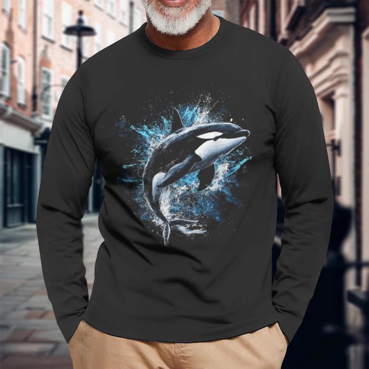 シャチ 動物 モチーフ アート シャチ 長袖Tシャツ 高齢者への贈り物
