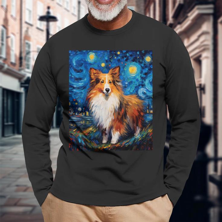 シュールな星月夜シェルティドッグ 長袖Tシャツ 高齢者への贈り物