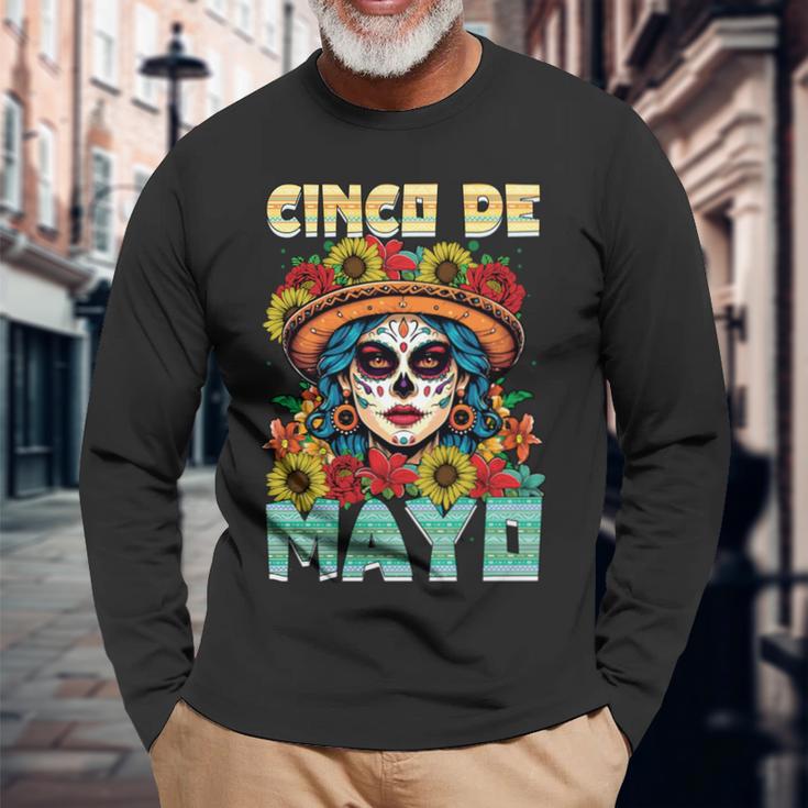 シンコ デ マヨ スケルトン ラ カトリーナ カラベラ フローラル メキシカン 長袖tシャツ 長袖Tシャツ 高齢者への贈り物