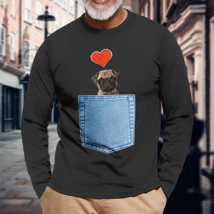 ジーンズポケット付きシャツ パグ犬とハート犬のモチーフ 長袖Tシャツ 高齢者への贈り物