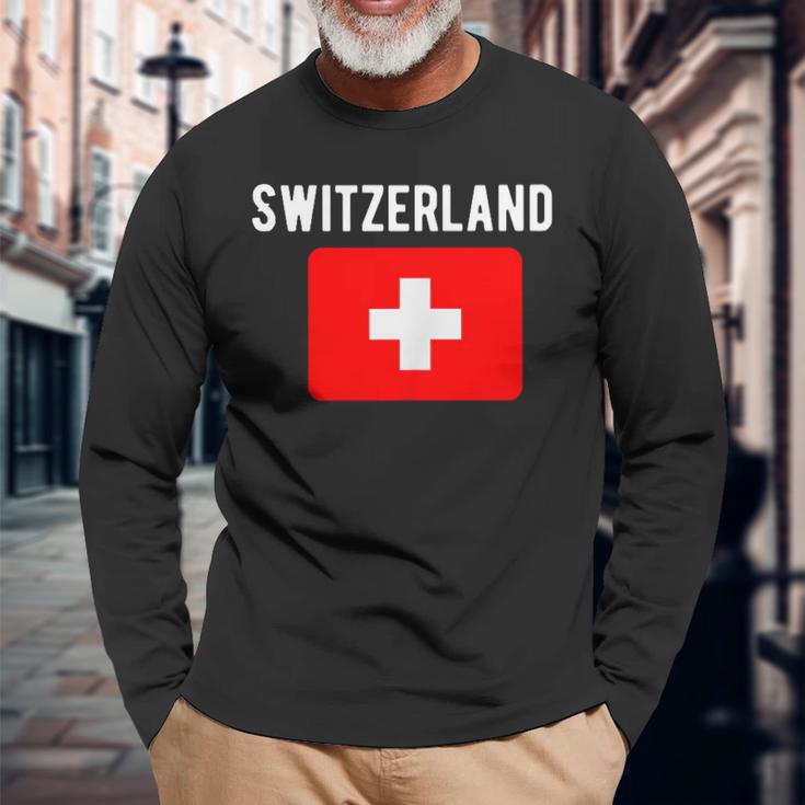 スイス国旗 スイス国地図フラッグ 長袖Tシャツ 高齢者への贈り物
