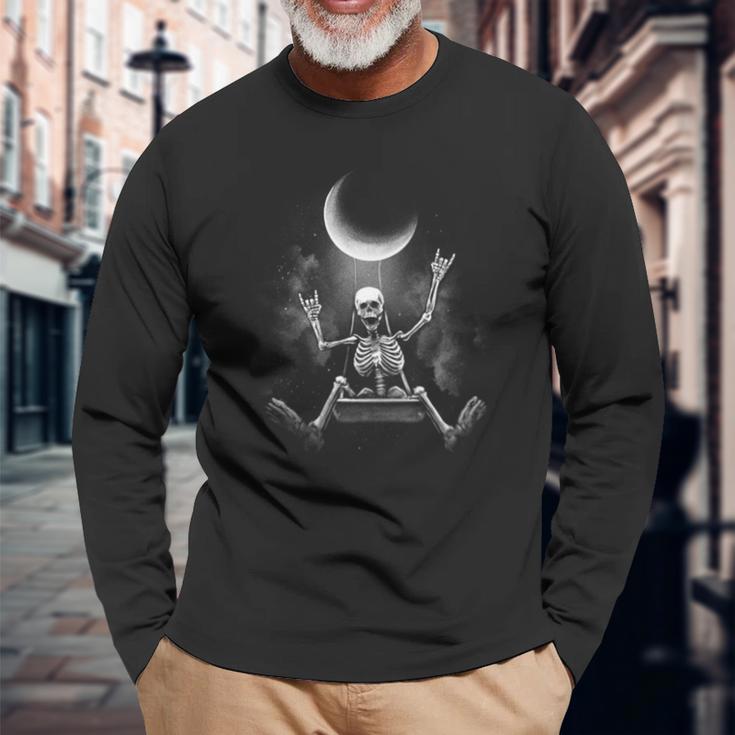 スケルトンロックオンムーン不気味なハロウィンロックバンド 怖い 長袖tシャツ 長袖Tシャツ 高齢者への贈り物