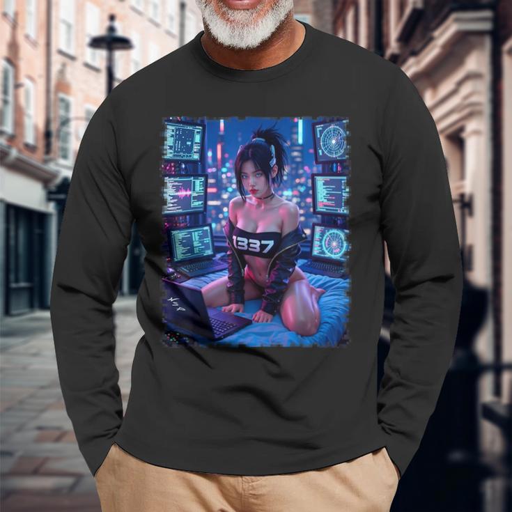 セクシーガールグラフィックtシャツ 1337 サイバーパンク ハッカーガール 長袖Tシャツ 高齢者への贈り物