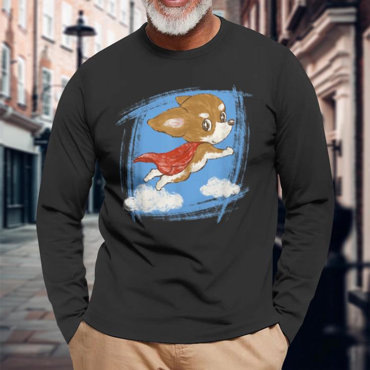 チワワ かわいい いぬ 子犬 ペット おもしろ 動物 スーパーヒーロー イラスト 長袖Tシャツ 高齢者への贈り物