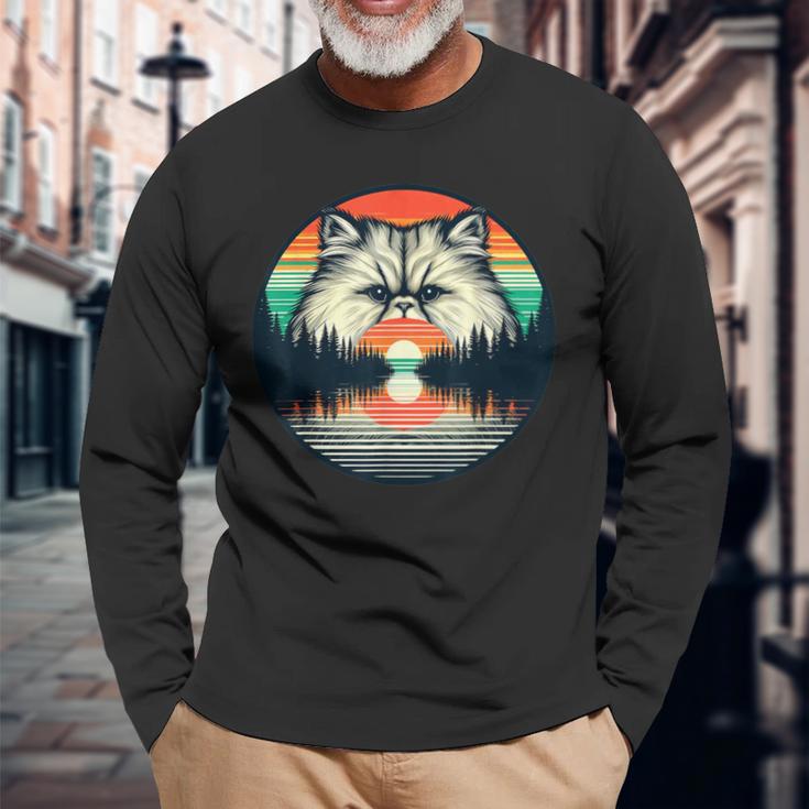 チンチラ ペルシャ猫 夕日 レトロスタイル ヴィンテージ 80年代 70年代 長袖Tシャツ 高齢者への贈り物