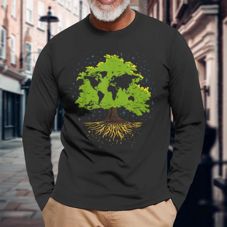 ツリー世界地図自然愛好家アーボリスト庭師 長袖Tシャツ 高齢者への贈り物