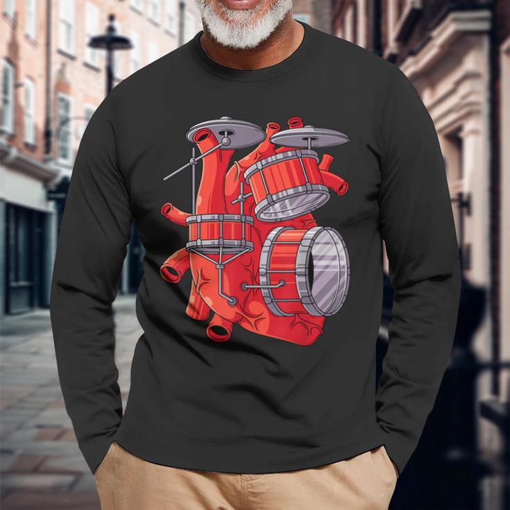 ドラマー ハート パーカッショニスト ドラム ミュージック バンド パーカッション 長袖Tシャツ 高齢者への贈り物