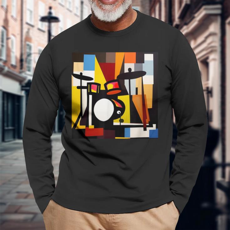 ドラムモチーフ カラフル シルエット 楽器 ドラマー 長袖Tシャツ 高齢者への贈り物