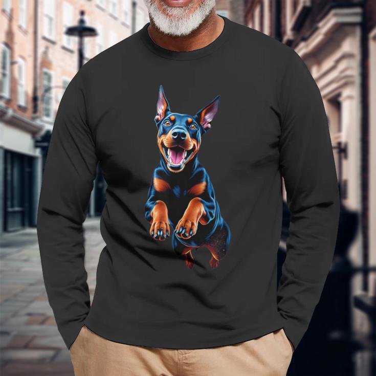 ドーベルマン 犬好きのジャンピングデザイン かわいい 面白い ドーベルマン 長袖Tシャツ 高齢者への贈り物