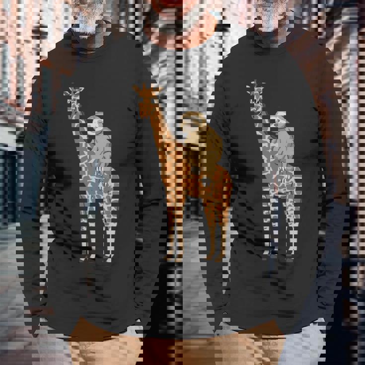 ナマケモノ キリン 面白い 怠惰なナマケモノ 動物 乗る キリン 長袖tシャツ 長袖Tシャツ 高齢者への贈り物