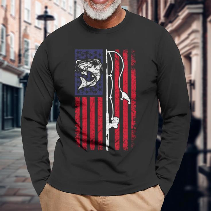 ナマズ アメリカ国旗 キャットフィッシング 漁師 釣り 長袖tシャツ 長袖Tシャツ 高齢者への贈り物