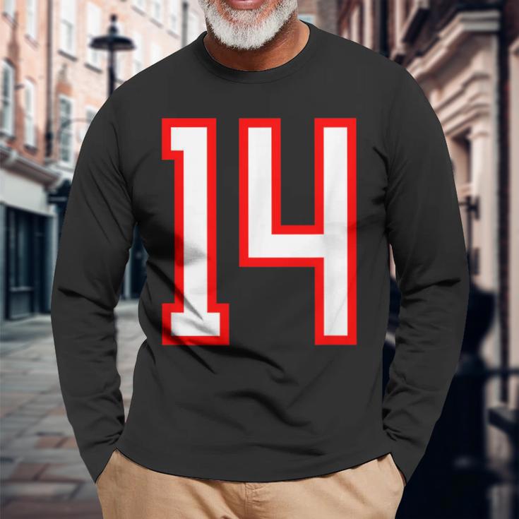 ナンバー 14 スポーツ ホワイト レッド ナンバー 14 長袖Tシャツ 高齢者への贈り物