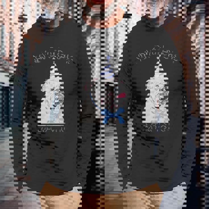 ニューオーリンズ 面白い犬の着用パーティーハット付き 長袖Tシャツ 高齢者への贈り物