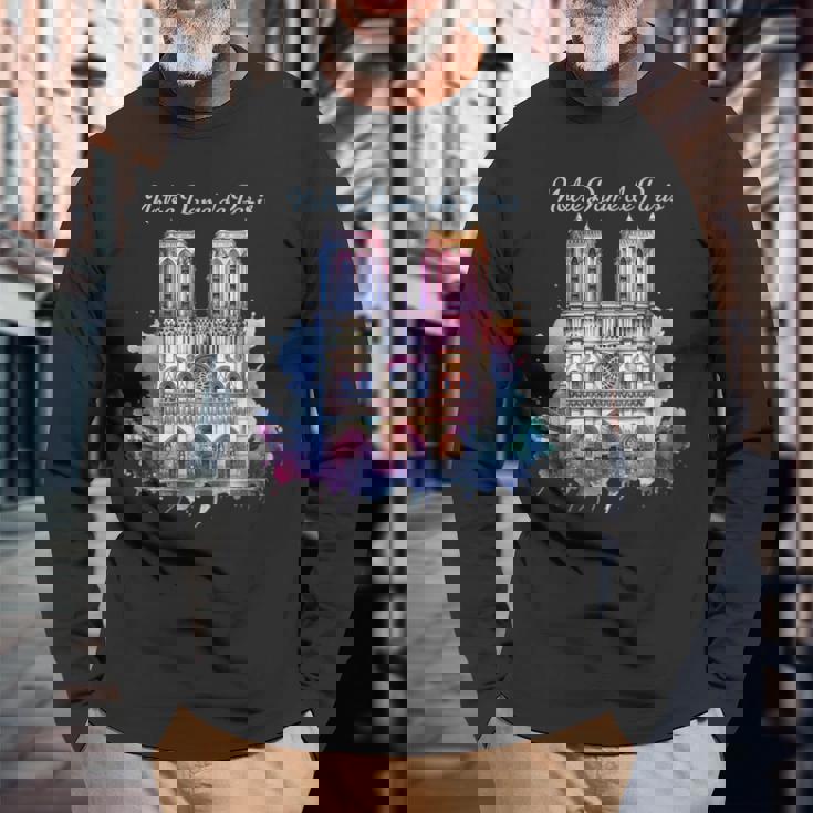 ノートルダム大聖堂 水彩画 長袖Tシャツ 高齢者への贈り物