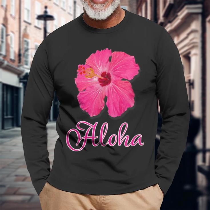 ハイビスカス Aloha アロハ《赤》（ハワイ・南国・フラダンス）夏 かわいい 長袖Tシャツ 高齢者への贈り物