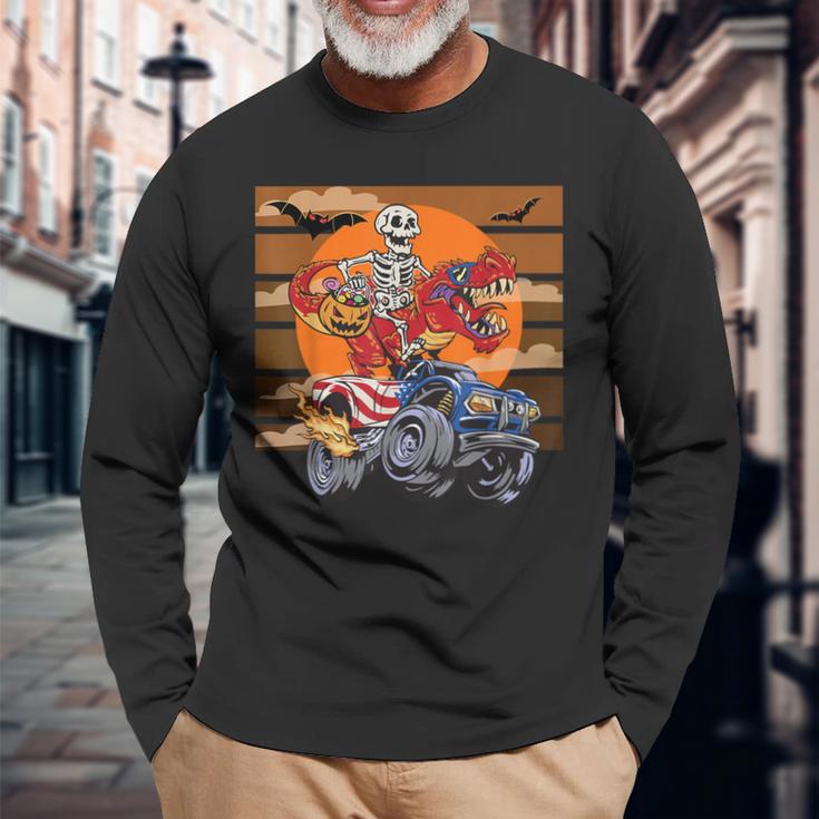 ハロウィーン スケルトン ライディング モンスタートラック トリックオア トリート パーティー 長袖Tシャツ 高齢者への贈り物