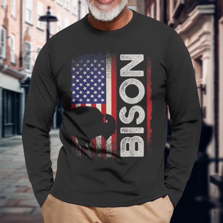 ハンティング アメリカンバイソン クリエイティブ ユーズド加工 アメリカ国旗 ハンター 長袖Tシャツ 高齢者への贈り物