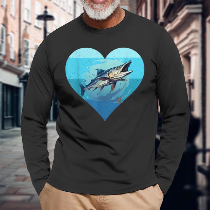 バラクーダ レトロ ハート バラクーダ 釣り 海水魚好き 長袖Tシャツ 高齢者への贈り物