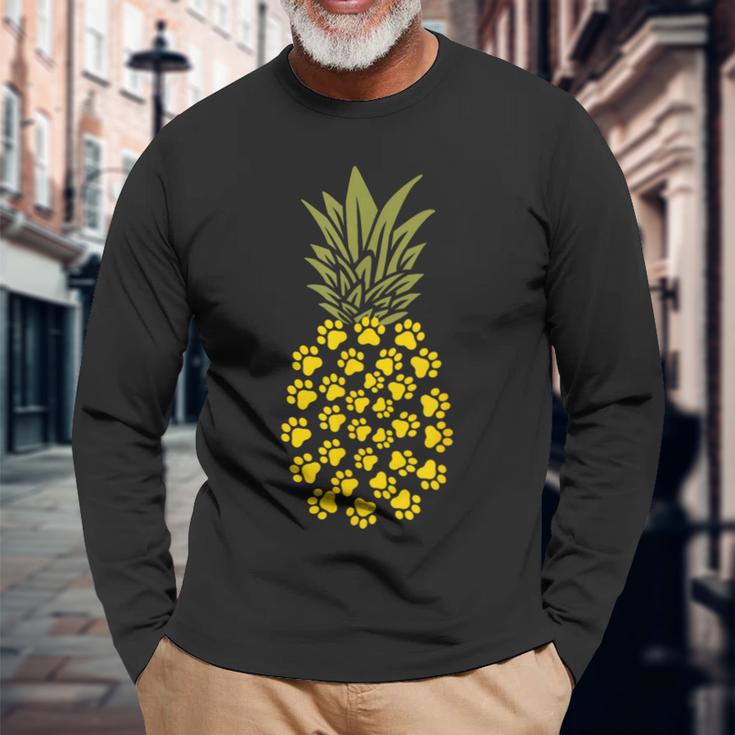 パイナップル猫の肉球プリント 長袖Tシャツ 高齢者への贈り物