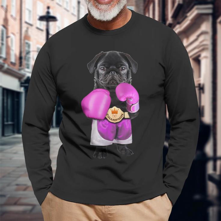 パグ犬ボクシング面白いフィットネスジムワークアウト 長袖Tシャツ 高齢者への贈り物