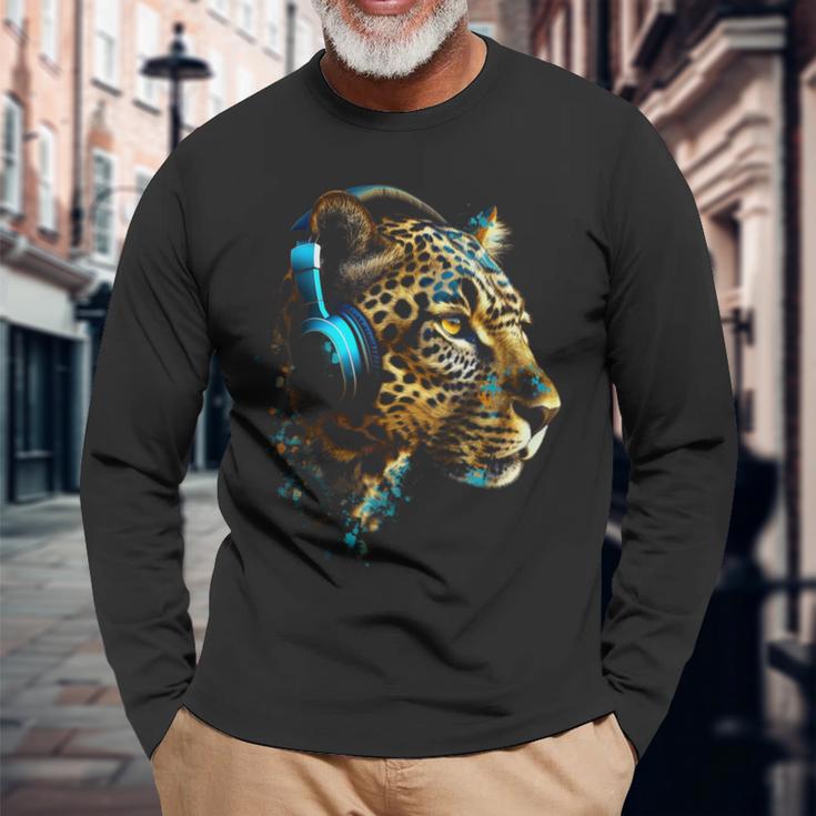 ヒョウ音楽 – 動物愛好家アートヘッドフォン アニマルレオパード 長袖Tシャツ 高齢者への贈り物