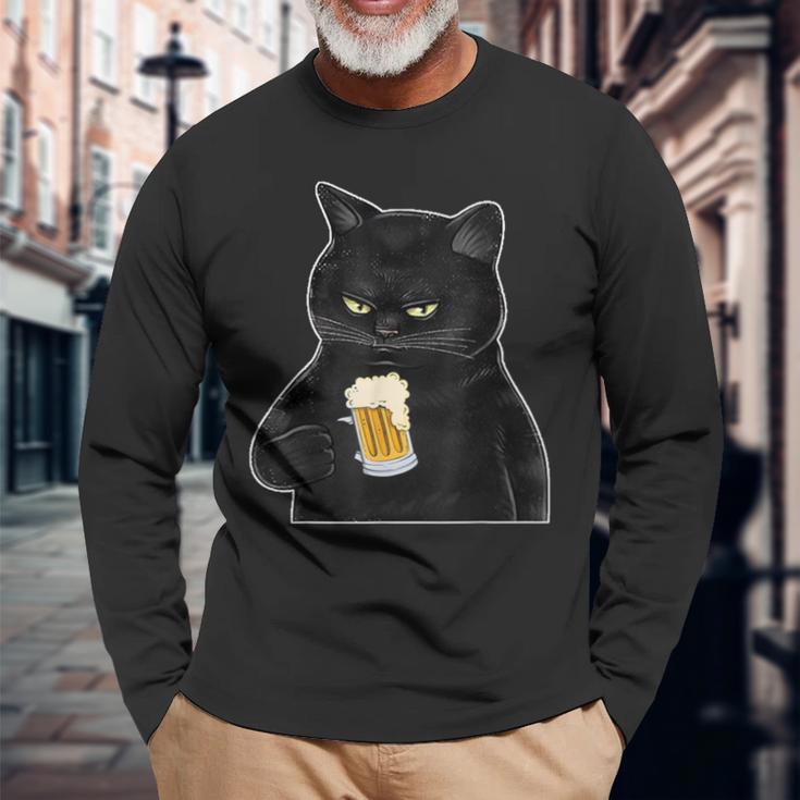 ビールを持っている黒猫 ヴィンテージ おもしろい ビール&猫好き 長袖Tシャツ 高齢者への贈り物