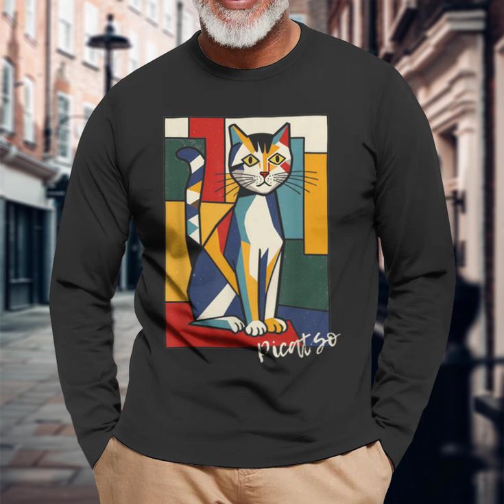ピカソ猫 – ヴィンテージキュビズムアート風デザイン 長袖Tシャツ 高齢者への贈り物
