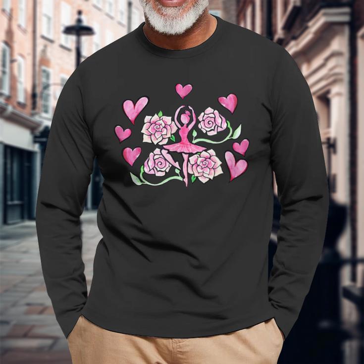 ピンクローズのバレリーナ バレエ 長袖Tシャツ 高齢者への贈り物