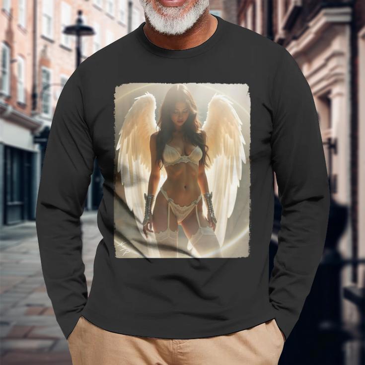 ピンナップガール 男性用 エンジェルピンナップ ブルネット エンジェルガール 長袖Tシャツ 高齢者への贈り物