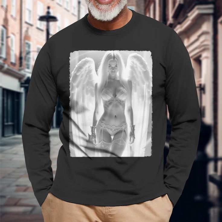 ピンナップガール 男性用 ブロンドエンジェル ピンナップガール B&W 長袖Tシャツ 高齢者への贈り物