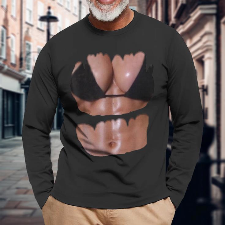 フェイク 腹筋 面白い ビキニ ボディ マッスル 6パック 3D 長袖Tシャツ 高齢者への贈り物