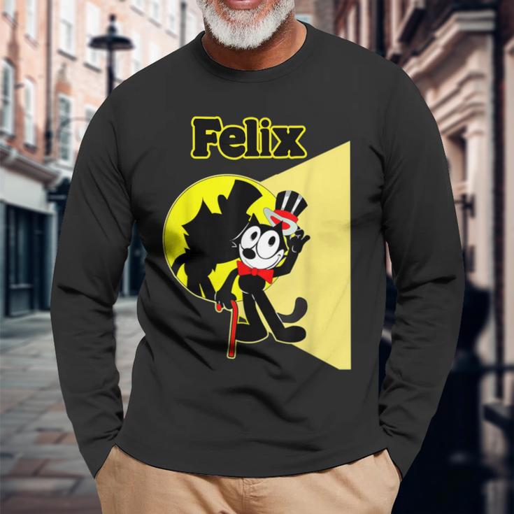 フェリックスブラックキャット漫画シルクハット＆ブロードウェイステージ＆スポットライト 長袖Tシャツ 高齢者への贈り物