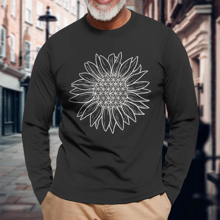 フラワー オブ ライフ ひまわりシャツ、神聖幾何学模様 長袖Tシャツ 高齢者への贈り物