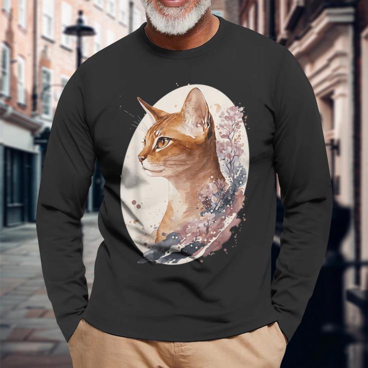 フローラル アビシニアンキャット 日本桜猫 犬種 長袖Tシャツ 高齢者への贈り物