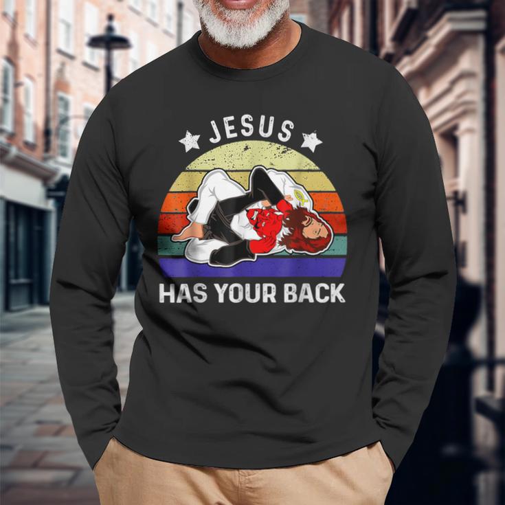 ブラジリアン柔術 Jesus Has Your Back 長袖Tシャツ 高齢者への贈り物