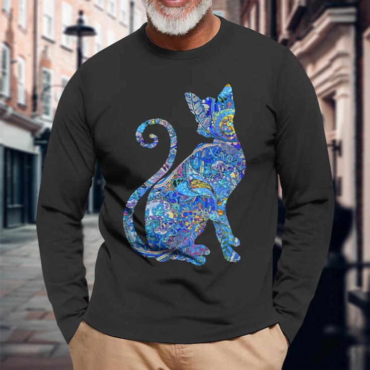 ブルー ペイズリーキャット 長袖Tシャツ 高齢者への贈り物
