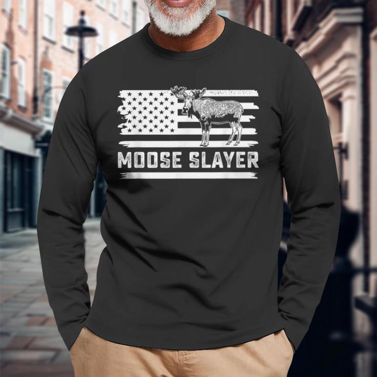 ヘラジカ ハンティング ビンテージフラッグ スレイヤー ハンター 長袖Tシャツ 高齢者への贈り物