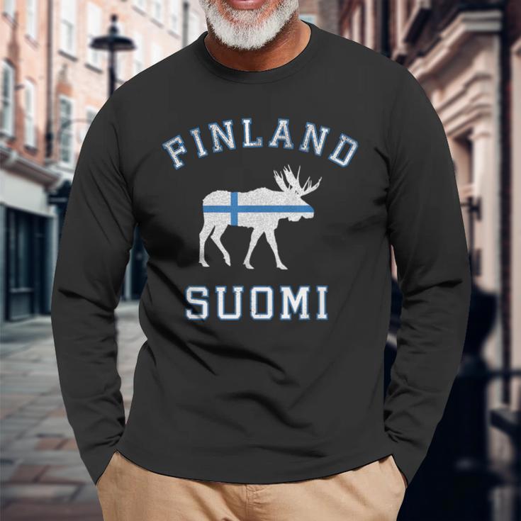 ヘラジカ フィンランド国旗 長袖Tシャツ 高齢者への贈り物