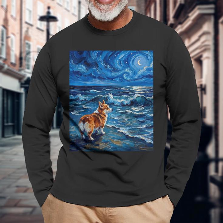 ペンブローク ウェールズ コーギー 犬 星月夜 ビーチ アートワーク 長袖Tシャツ 高齢者への贈り物